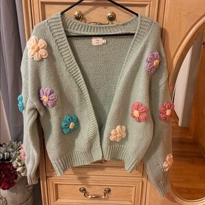 Antropologie Ivy Luna Knit Puff 3D Crocheted Flower Cardigan